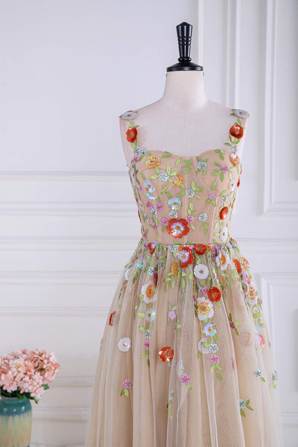 Straps Dusty Pink Tulle embroider A-line Long Prom Dress