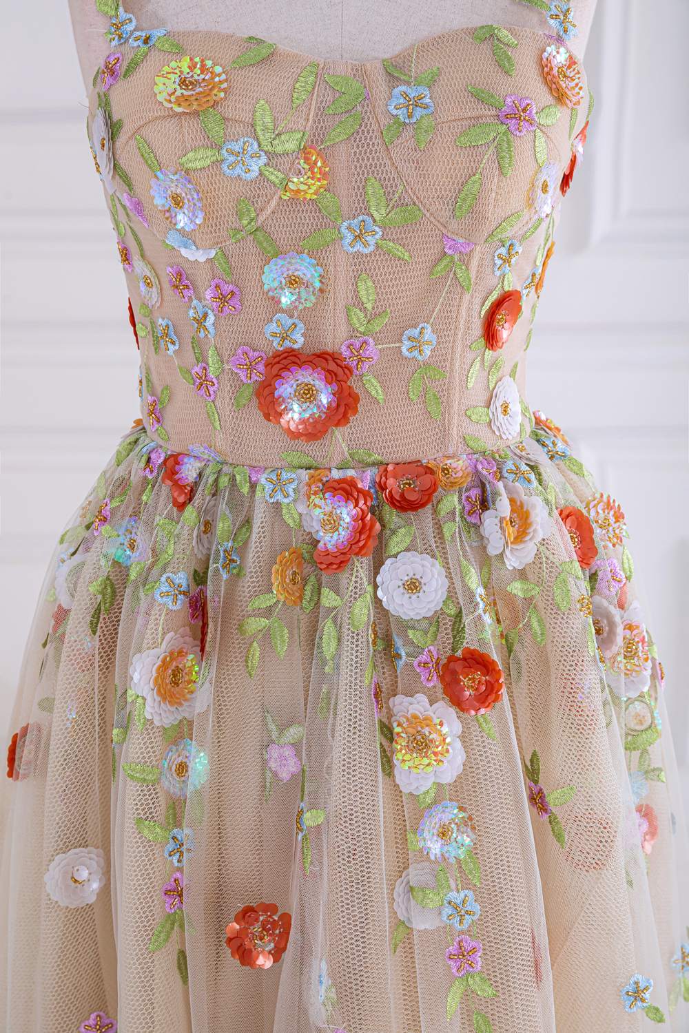 Straps Dusty Pink Tulle embroider A-line Long Prom Dress