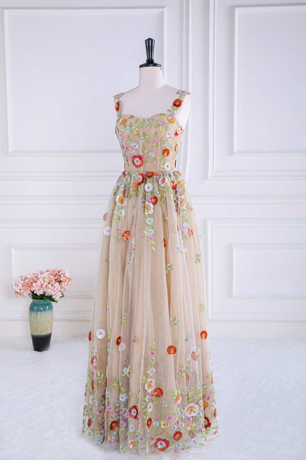 Straps Dusty Pink Tulle embroider A-line Long Prom Dress