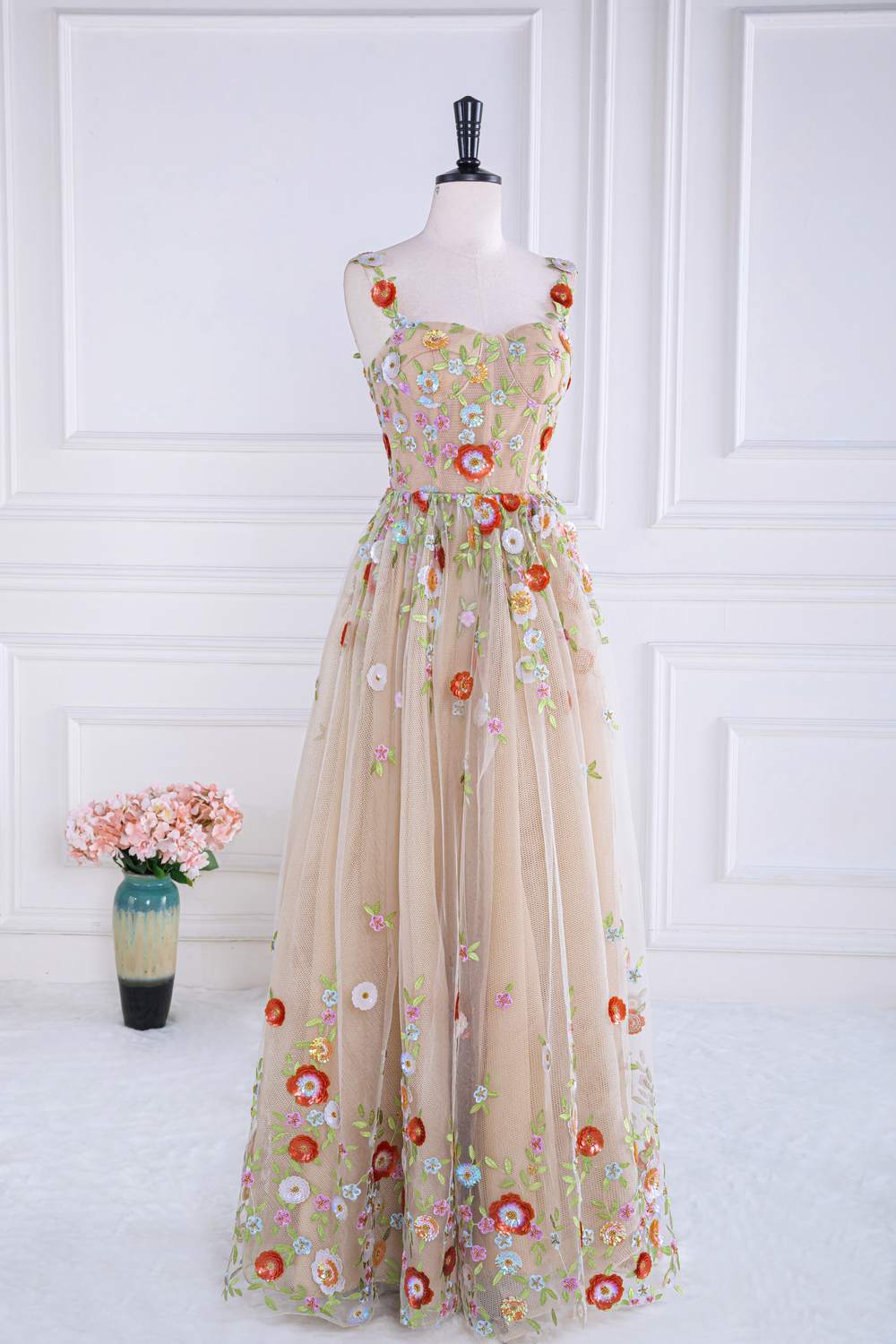 Straps Dusty Pink Tulle embroider A-line Long Prom Dress