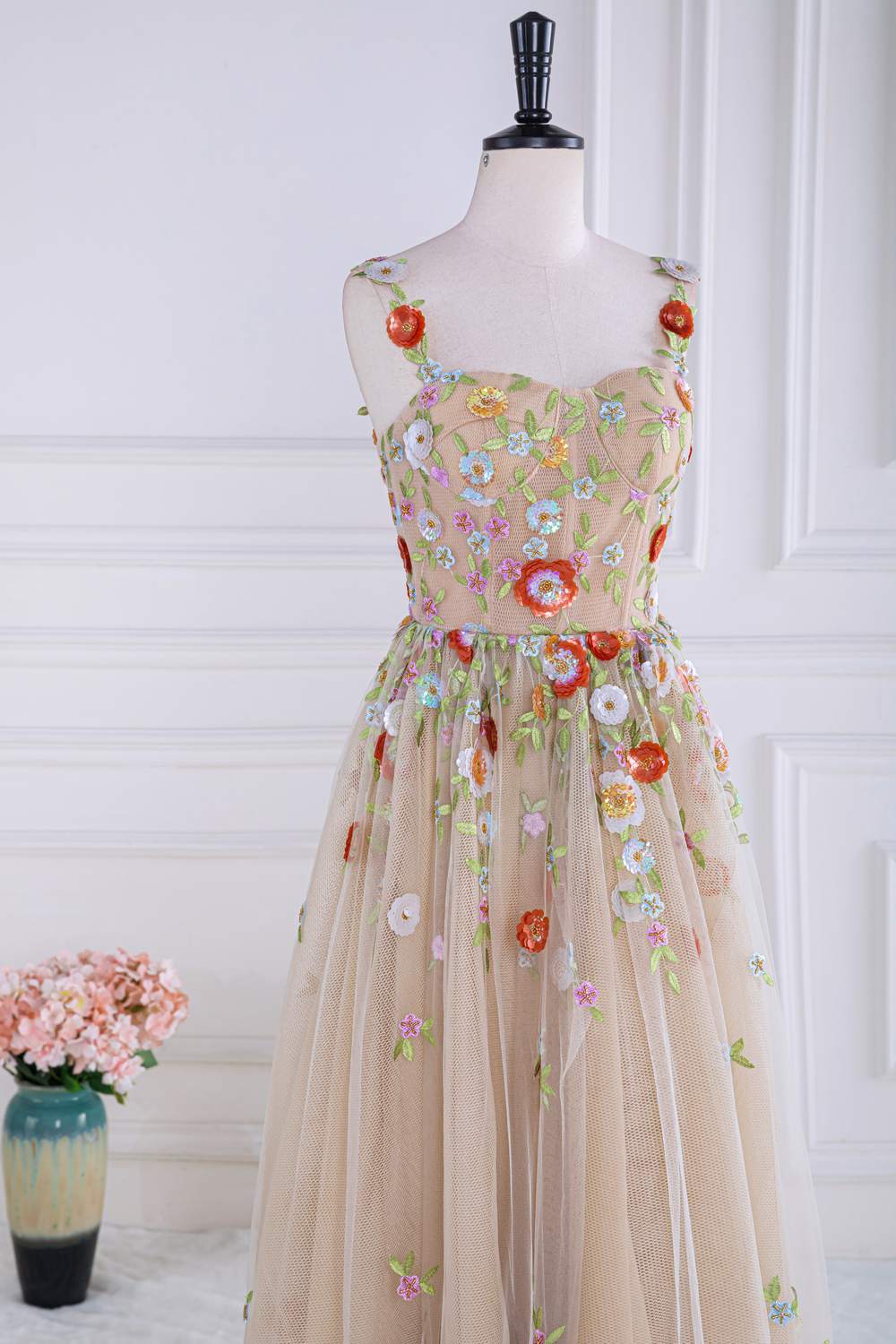 Straps Dusty Pink Tulle embroider A-line Long Prom Dress