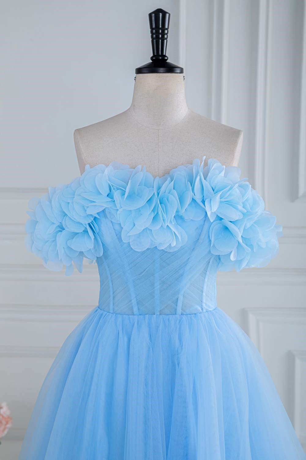 Off-Shoulder Light Blue Flowers A-line Slit Tulle Long Prom Dress