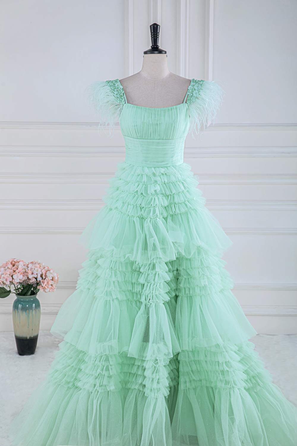 Feather Sleeves Mint Green A-line Ruffle Long Prom Dressss