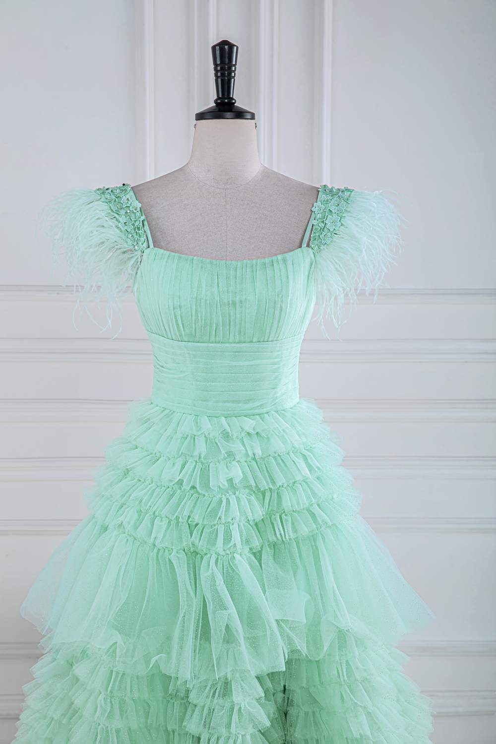 Feather Sleeves Mint Green A-line Ruffle Long Prom Dressss