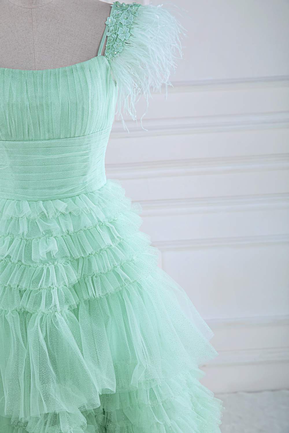Feather Sleeves Mint Green A-line Ruffle Long Prom Dressss