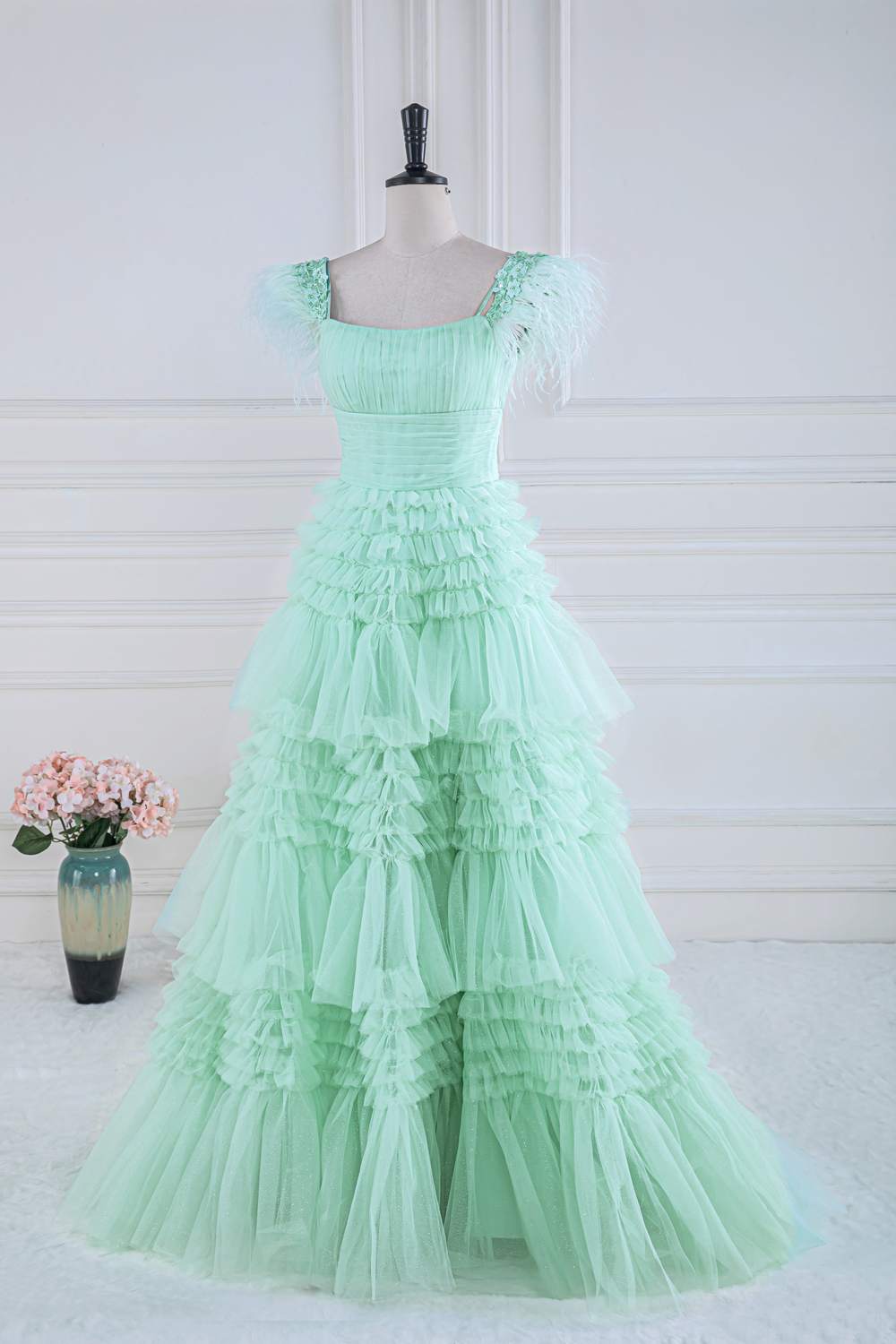 Feather Sleeves Mint Green A-line Ruffle Long Prom Dressss