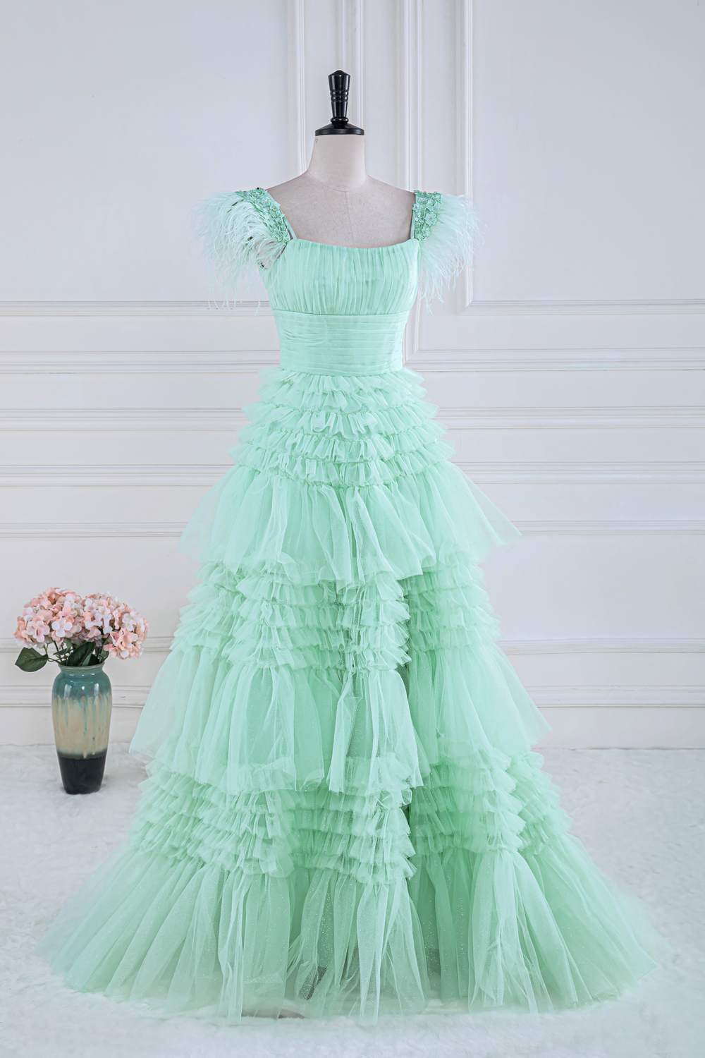 Feather Sleeves Mint Green A-line Ruffle Long Prom Dressss