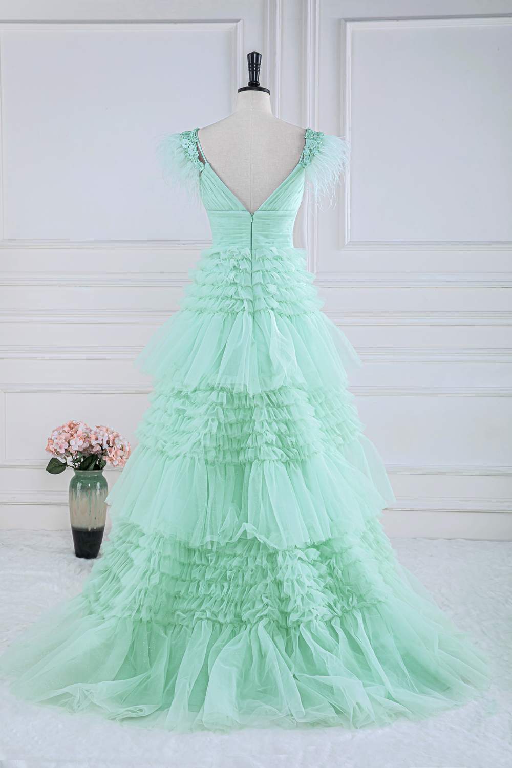 Feather Sleeves Mint Green A-line Ruffle Long Prom Dressss