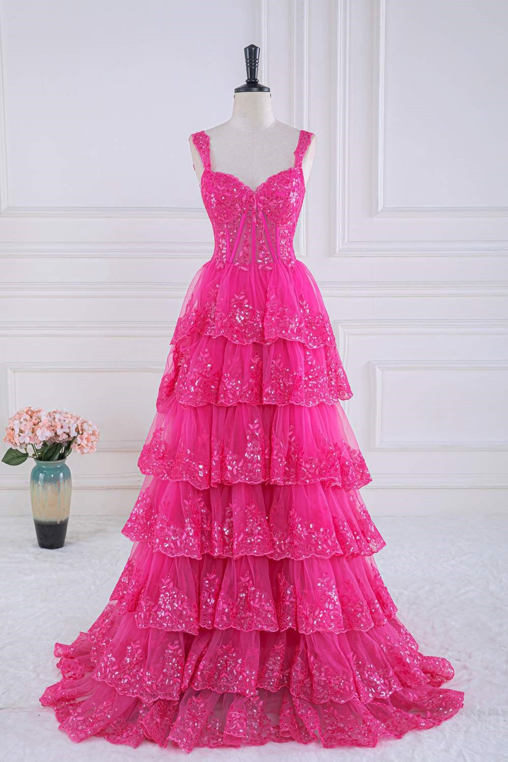 Straps Hot Pink Lace Applique Sequined Ruffle Long Prom Dress