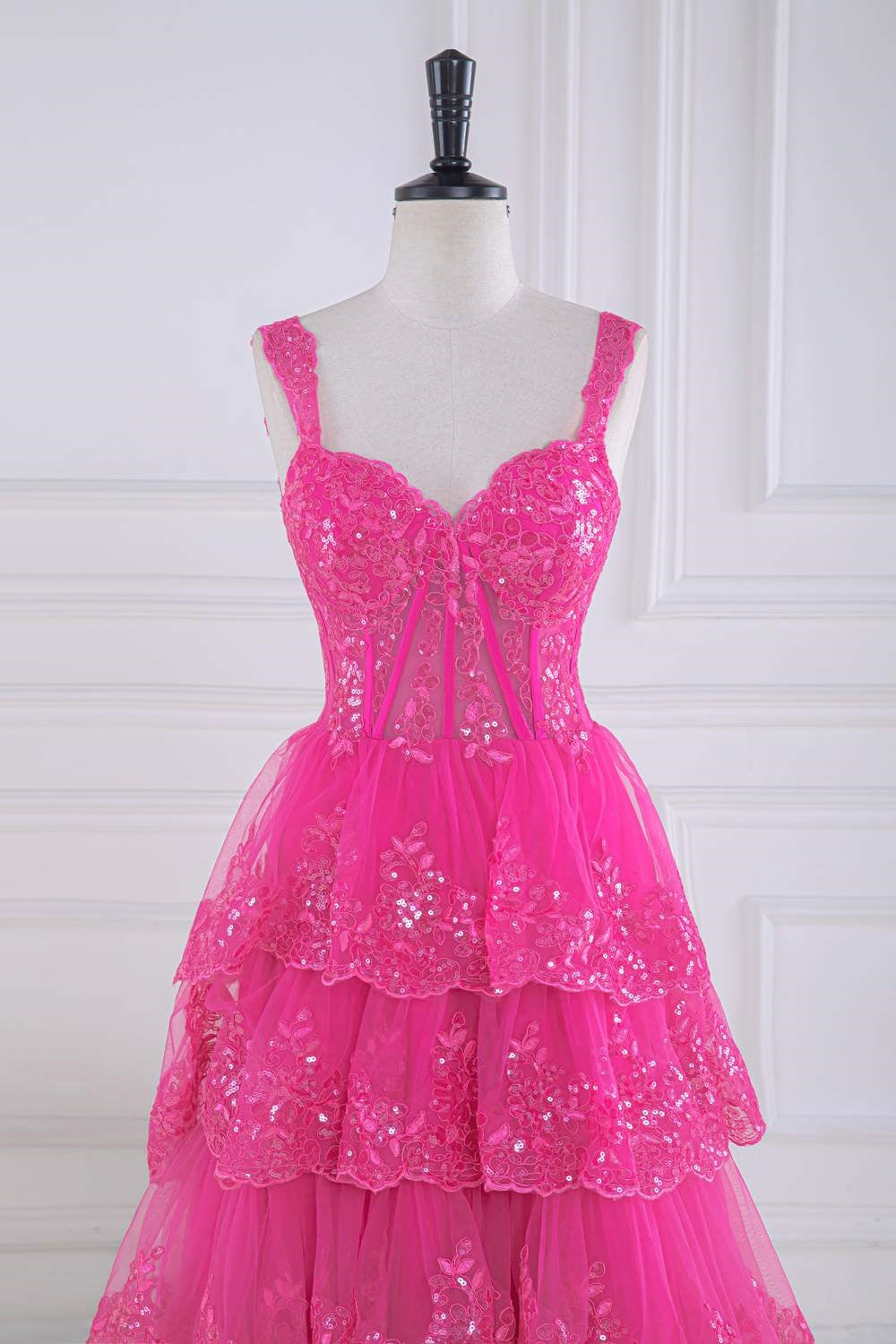 Straps Hot Pink Lace Applique Sequined Ruffle Long Prom Dress