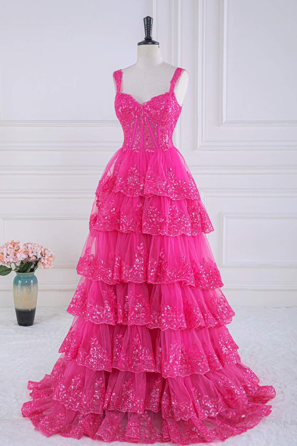 Straps Hot Pink Lace Applique Sequined Ruffle Long Prom Dress