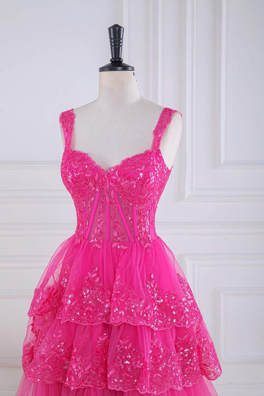 Straps Hot Pink Lace Applique Sequined Ruffle Long Prom Dress