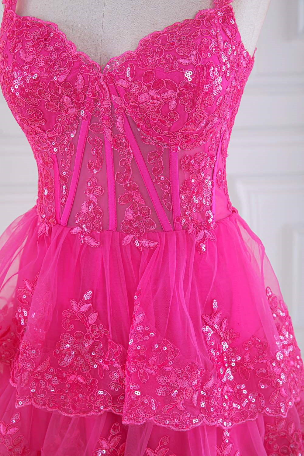 Straps Hot Pink Lace Applique Sequined Ruffle Long Prom Dress
