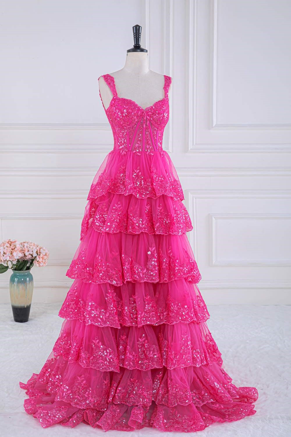 Straps Hot Pink Lace Applique Sequined Ruffle Long Prom Dress