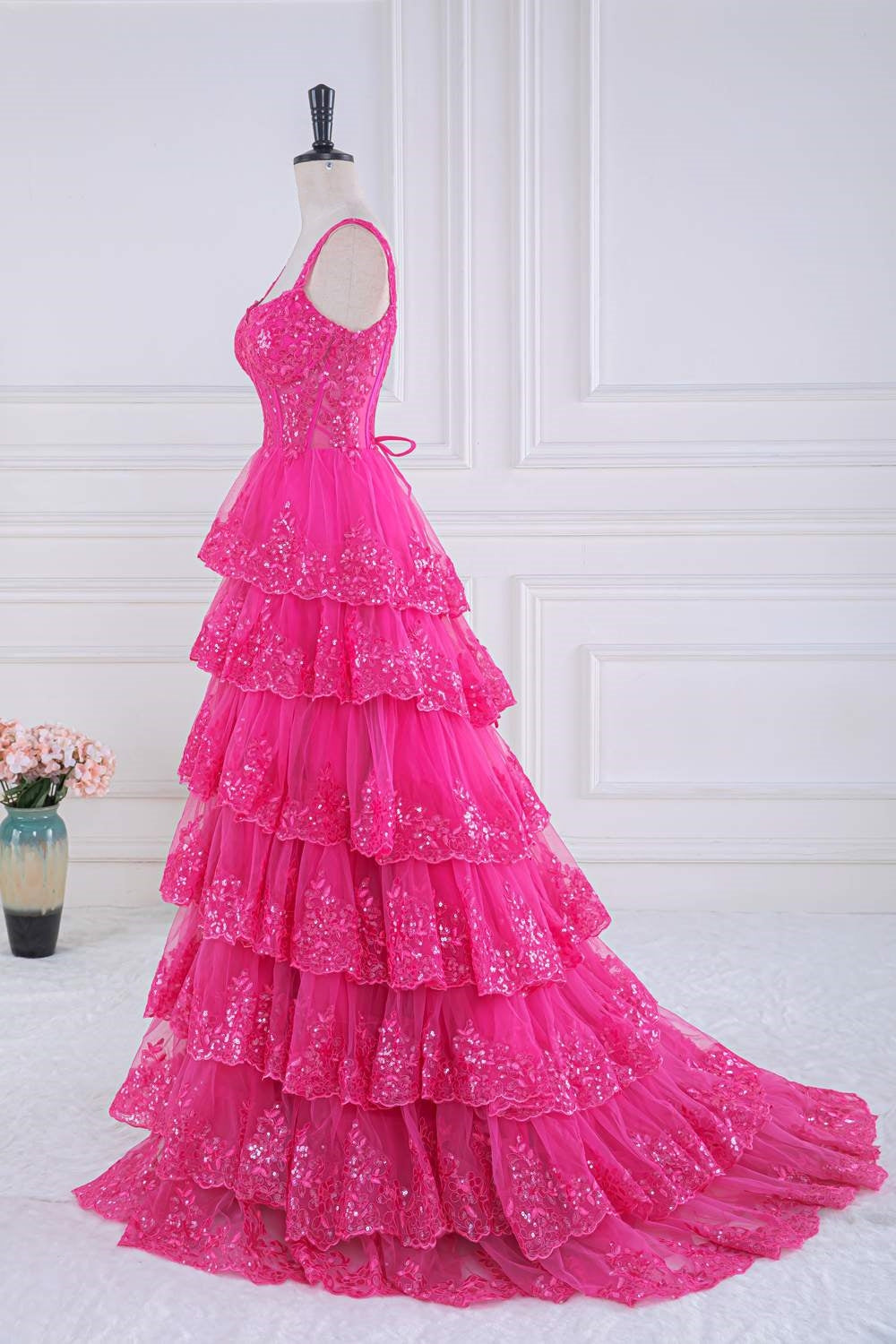 Straps Hot Pink Lace Applique Sequined Ruffle Long Prom Dress