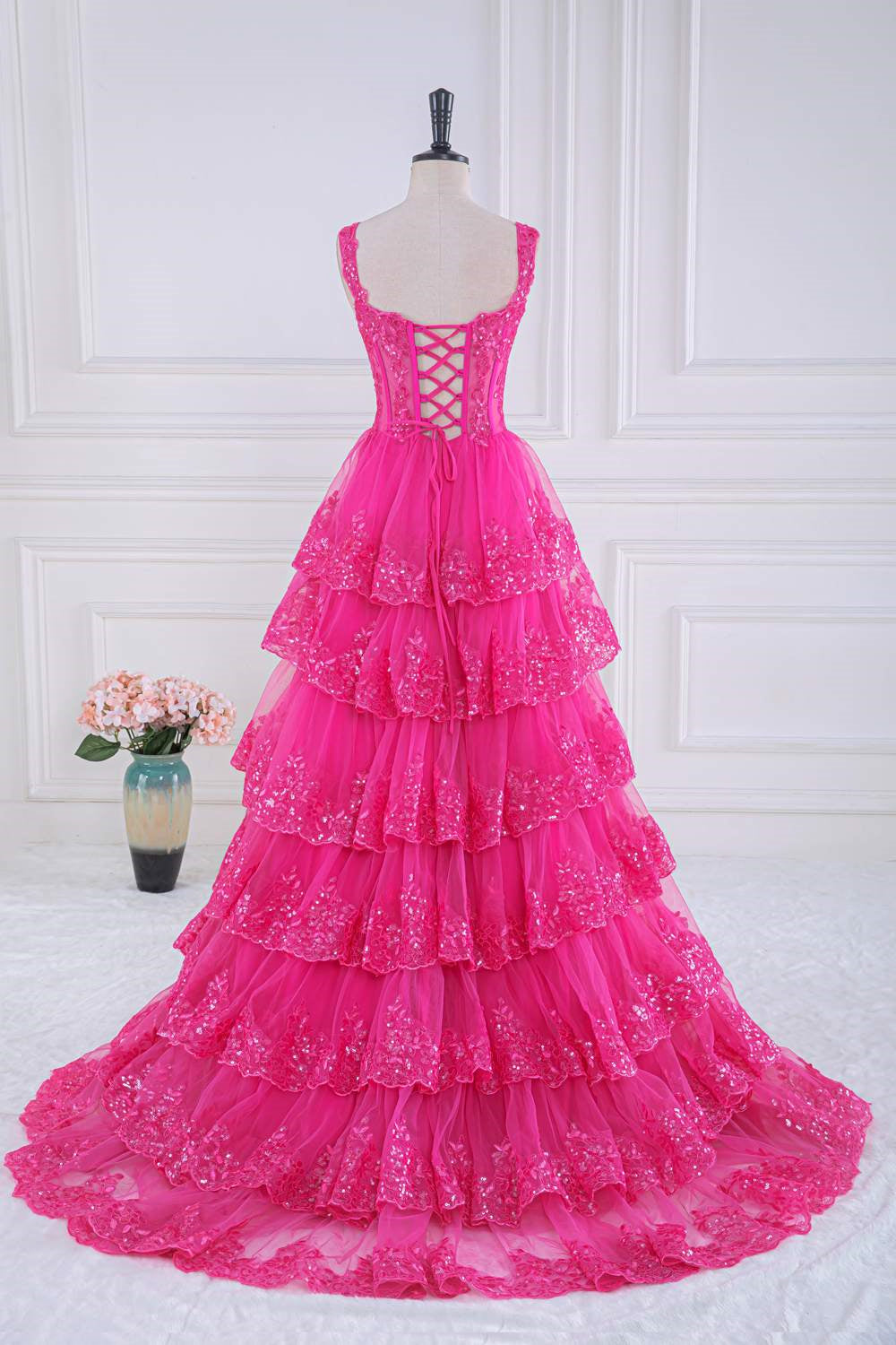 Straps Hot Pink Lace Applique Sequined Ruffle Long Prom Dress