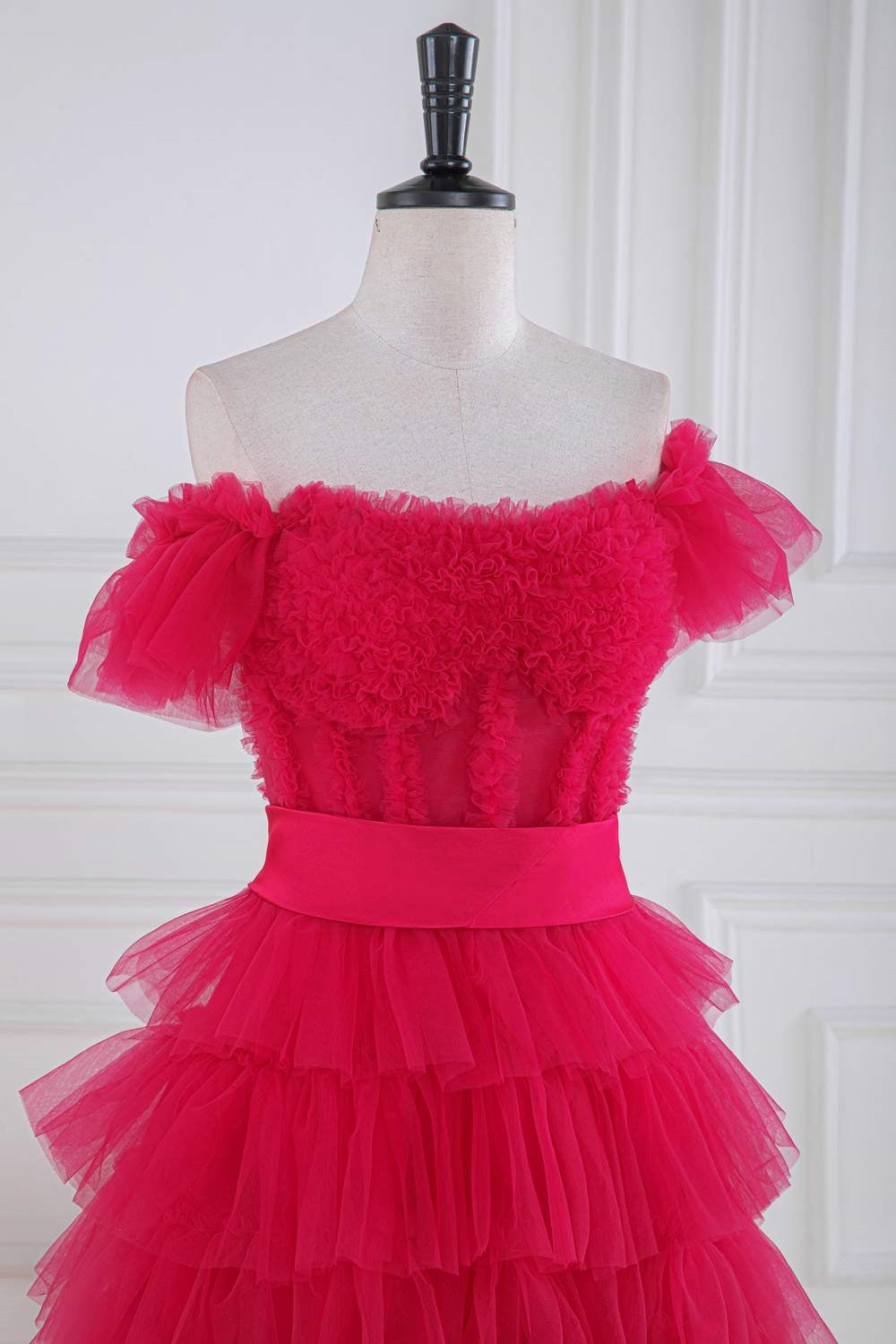 Off-Shoulder Rose Pink Slit Ruffled Layers Long Prom Dress