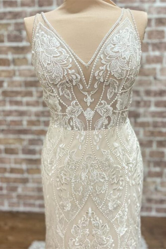 Ivory V-Neck Lace Beading Mermaid Wedding Dress