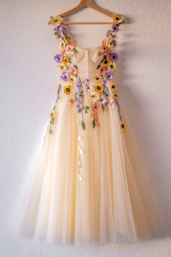 Champagne 3D Floral Corset A-line Tulle Long Prom Dress Movousdress Champagne 3D Floral Corset A-line Tulle Long Prom Dress Movousdress