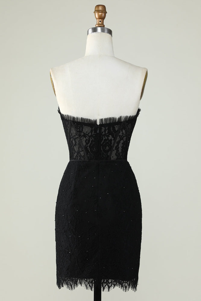 Strapless Black Lace Corset Short Homecoming Dress