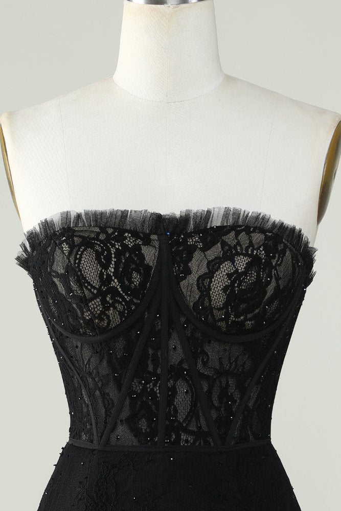 Strapless Black Lace Corset Short Homecoming Dress