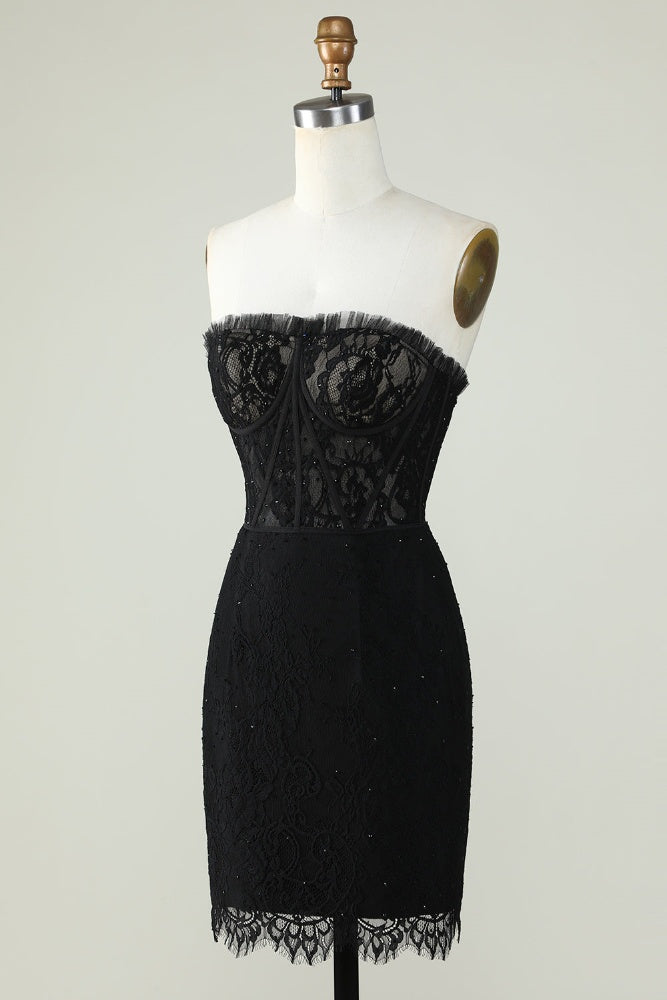Strapless Black Lace Corset Short Homecoming Dress