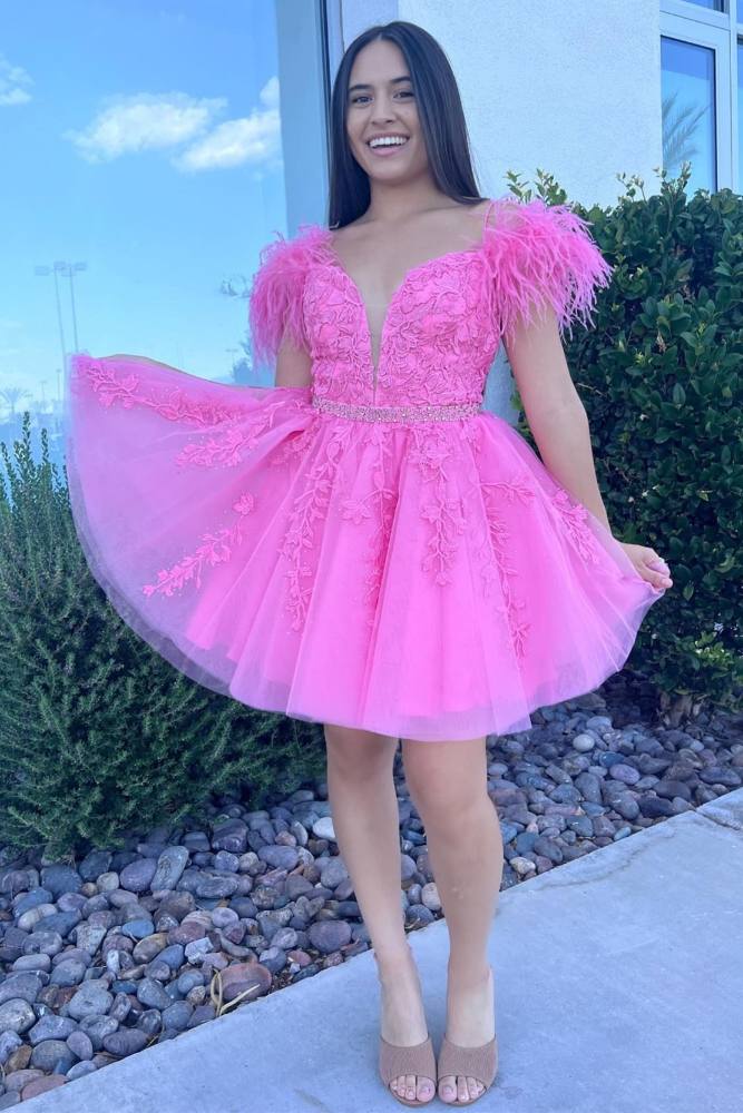 Pink Off-the-Shoulder Appliques A-line Homecoming Dress with Feathers Movousdress Pink Off-the-Shoulder Appliques A-line Homecoming Dress with Feathers Movousdress