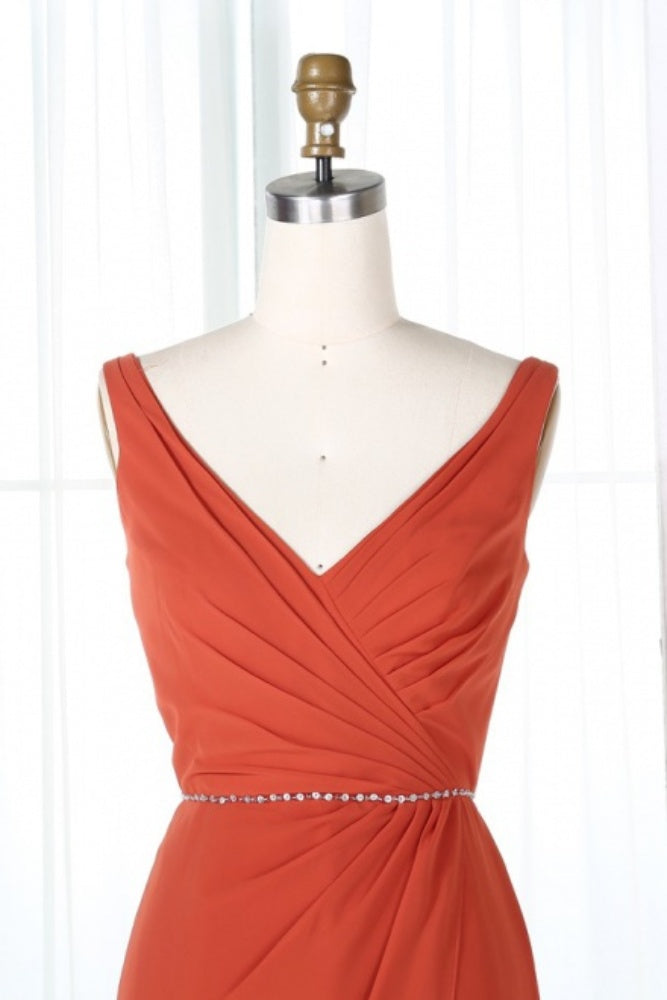Burnt Orange V-Neck Mermaid Bridesmaid Dress with Slit