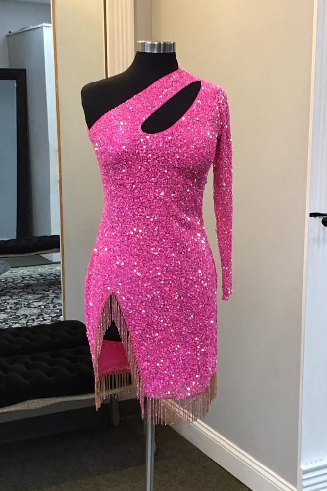Hot Pink One Shoulder Long Sleeve Sequin Homecoming Dress