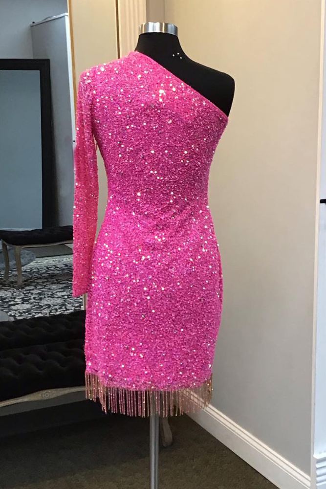 Hot Pink One Shoulder Long Sleeve Sequin Homecoming Dress