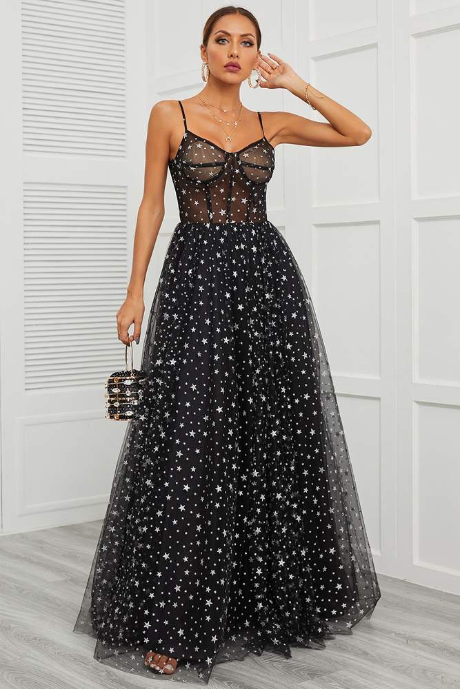 Black Star Straps A-Line Corset Tulle Long Prom Dress