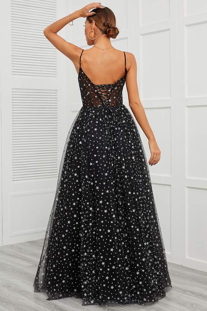 Black Star Straps A-Line Corset Tulle Long Prom Dress
