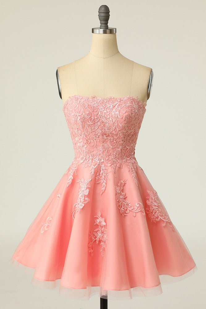 Blush Strapless Applique Lace-Up Mini Homecoming Dress