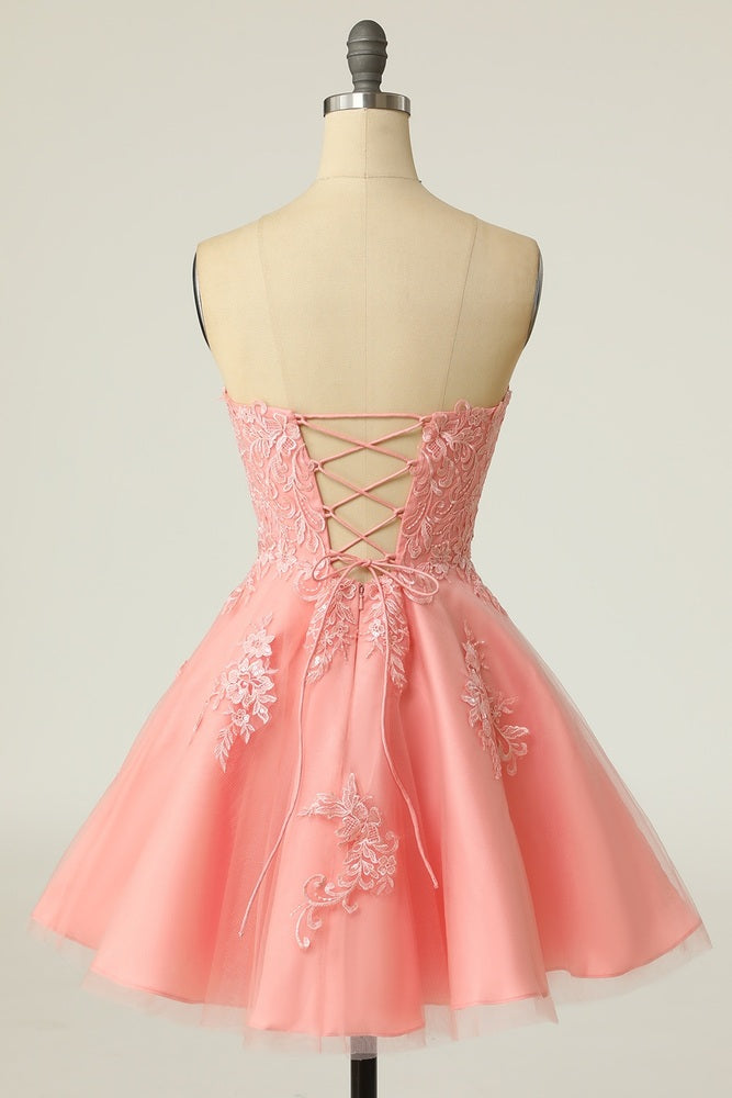 Blush Strapless Applique Lace-Up Mini Homecoming Dress