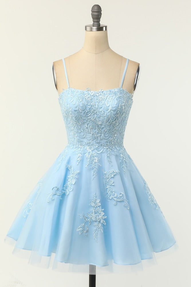 Blush Strapless Applique Lace-Up Mini Homecoming Dress