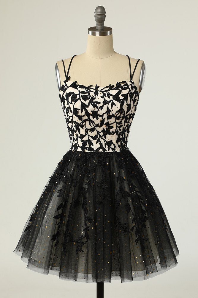 Black Double Straps Applique Short Tulle Ruffle Homecoming Dresses