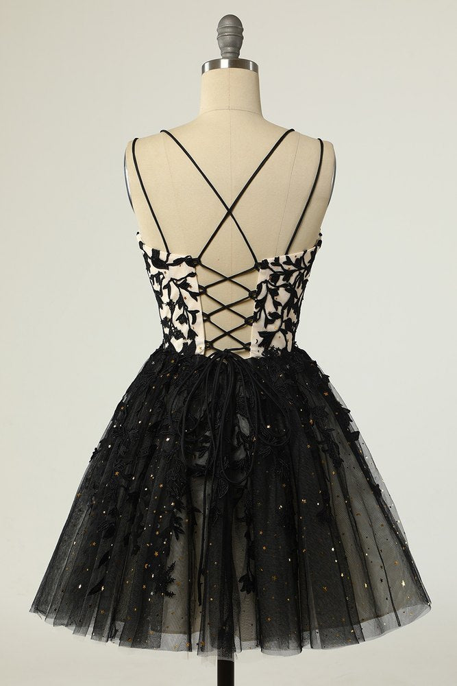 Black Double Straps Applique Short Tulle Ruffle Homecoming Dresses