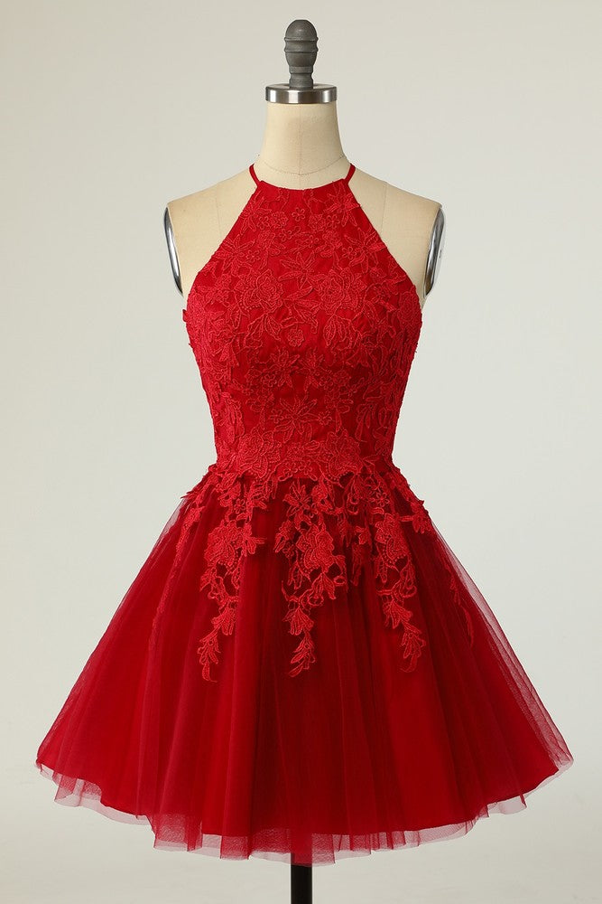 Red Halter Sleeveless Applique A-Line Mini Homecoming Dress