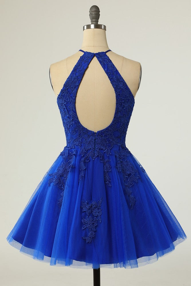 Red Halter Sleeveless Applique A-Line Mini Homecoming Dress