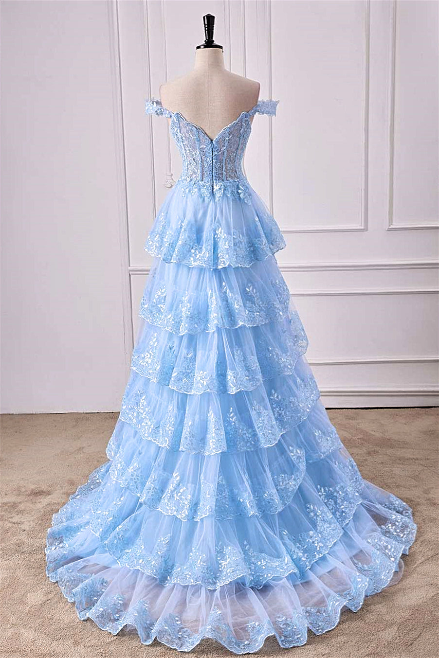Off-Shoulder Light Blue Lace Applique Ruffle A-line Slit Long Prom Dress