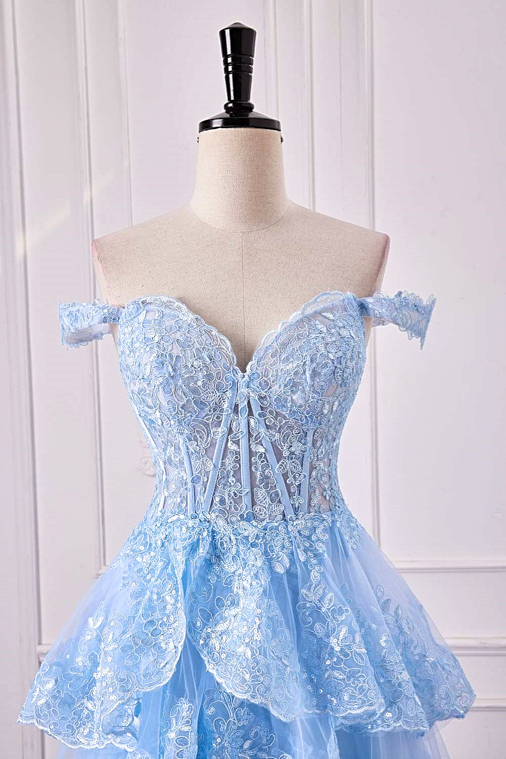 Off-Shoulder Light Blue Lace Applique Ruffle A-line Slit Long Prom Dress