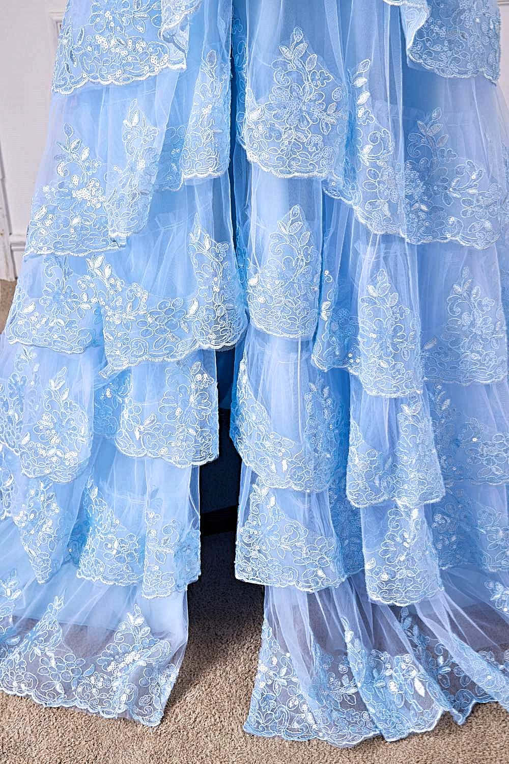 Off-Shoulder Light Blue Lace Applique Ruffle A-line Slit Long Prom Dress
