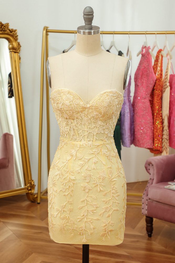 Yellow Strapless Applique Lace-up Tight Homecoming Dress