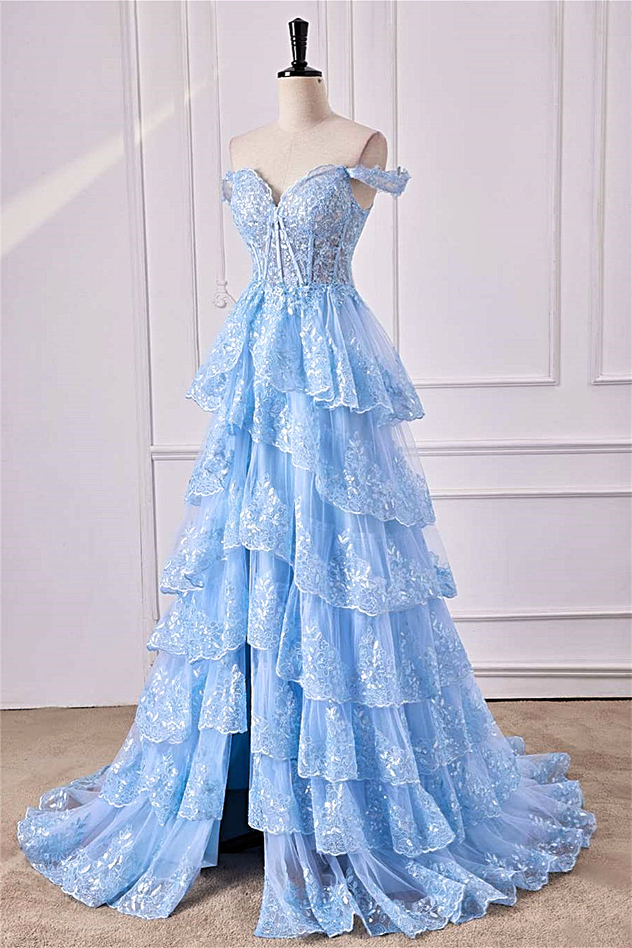 Off-Shoulder Light Blue Lace Applique Ruffle A-line Slit Long Prom Dress