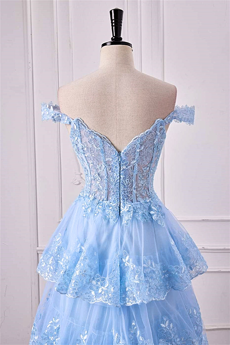 Off-Shoulder Light Blue Lace Applique Ruffle A-line Slit Long Prom Dress