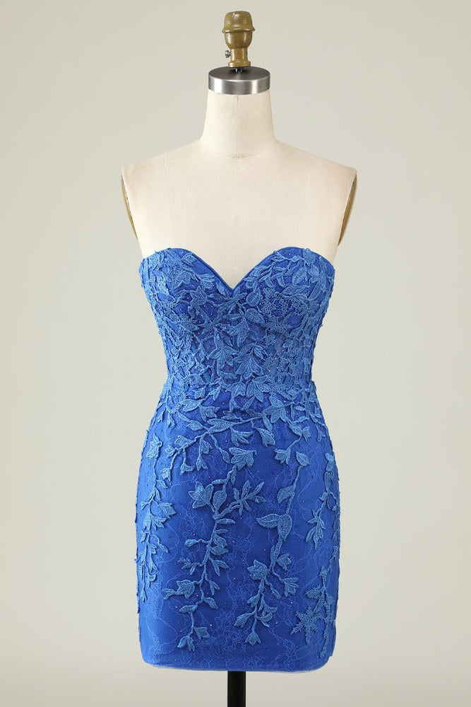 Blue Strapless Applique Lace-up Tight Homecoming Dress