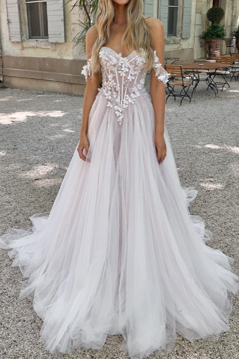 Off-Shoulder Tulle A-Line Appliques Sheer Wedding Dress