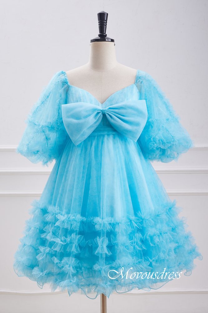 blue and white floral homecoming dress Light Blue Floral Print Ruffle Homecoming Dress With Bow – Movousdress