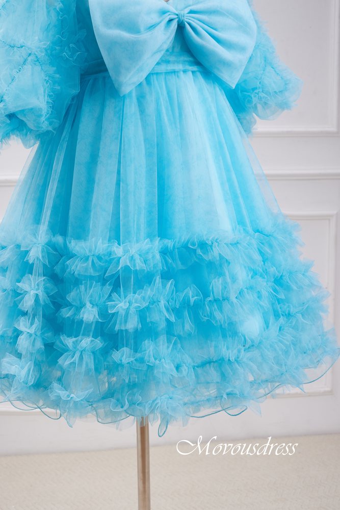 Light Blue Floral Print Ruffle Homecoming Dress With Bow