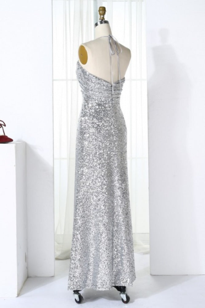 Silver Halter Sequin Long Bridesmaid Dress